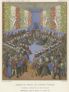 Karel VII houdt een openbare audiëntie (chromolitho) door Jean Fouquet